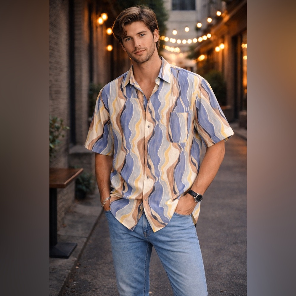 Maus & Hoffman Men's Casual Blue and Tan Wave Shirt Made in Italy Sz L
